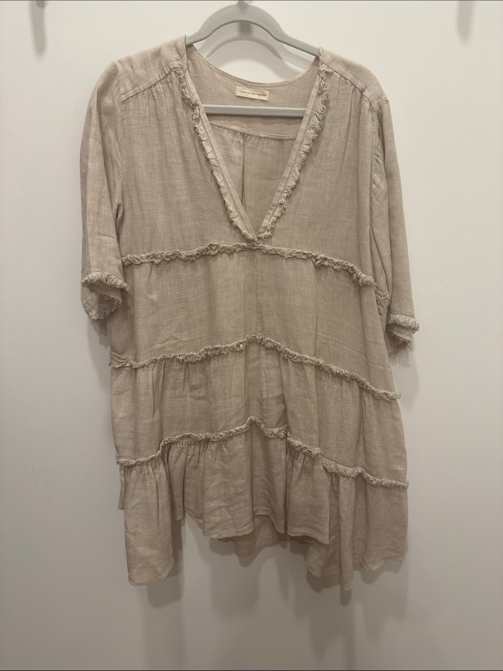 Light Beige Tiered V-Neck Tunic Mini Dress